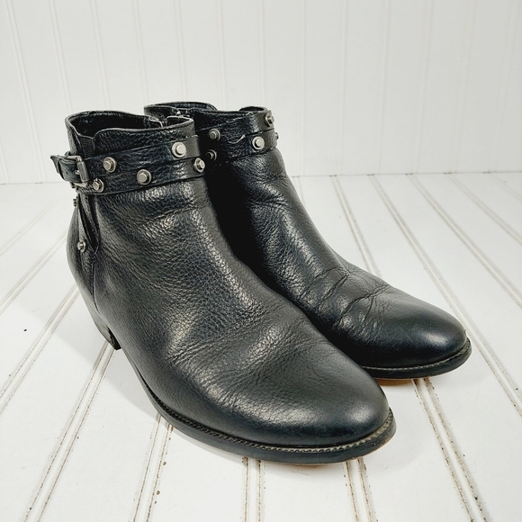 Halogen Black Leather Buckle Studded Strap Slip On Ankle Boots I601 - Picture 4 of 11